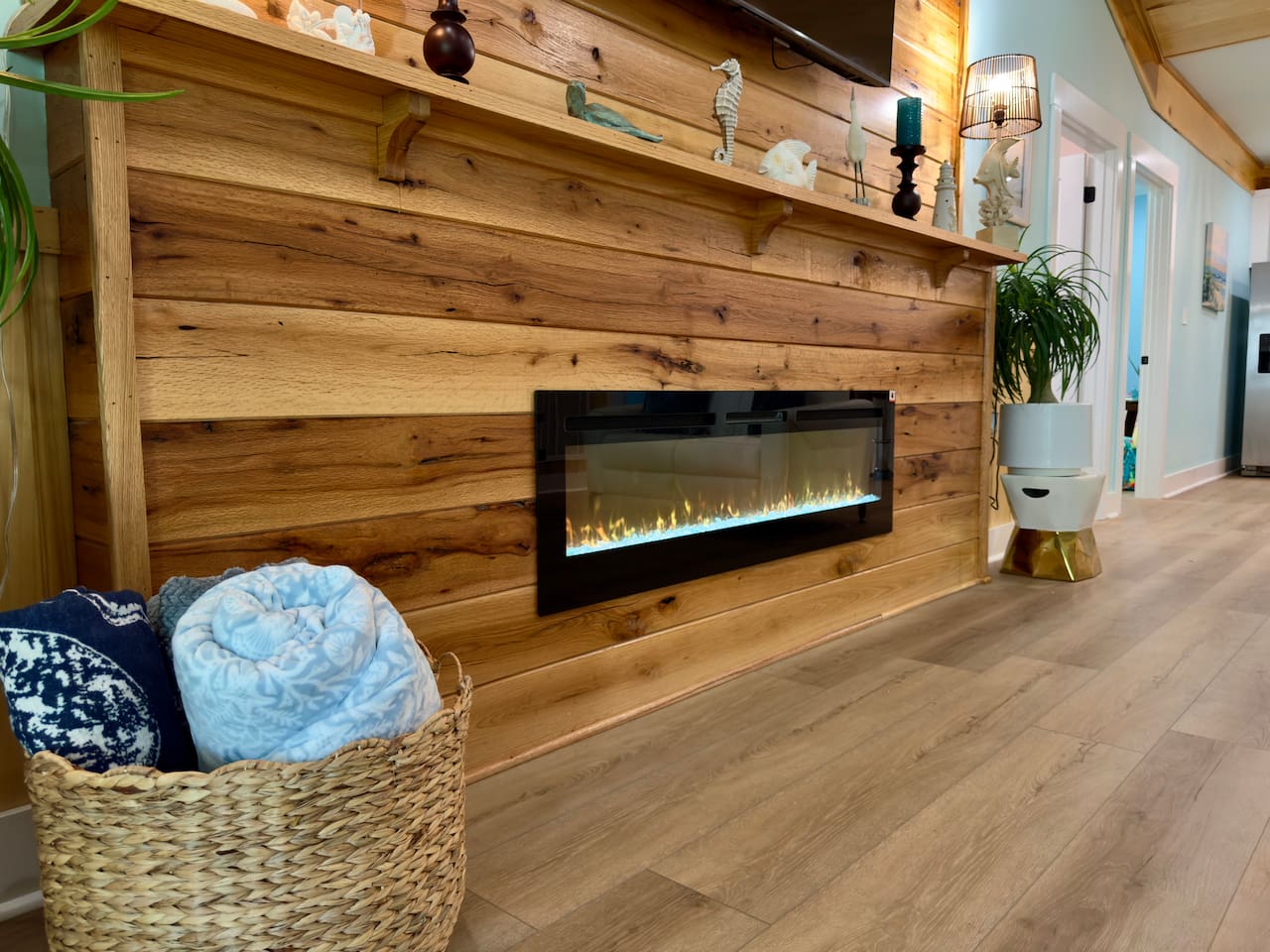 Our cozy, colorful room includes a fireplace for your comfort.