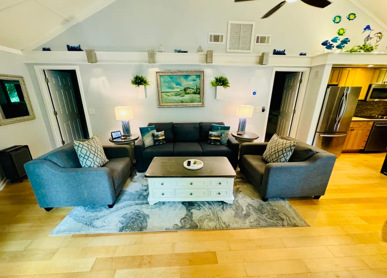 Living room with coastal art