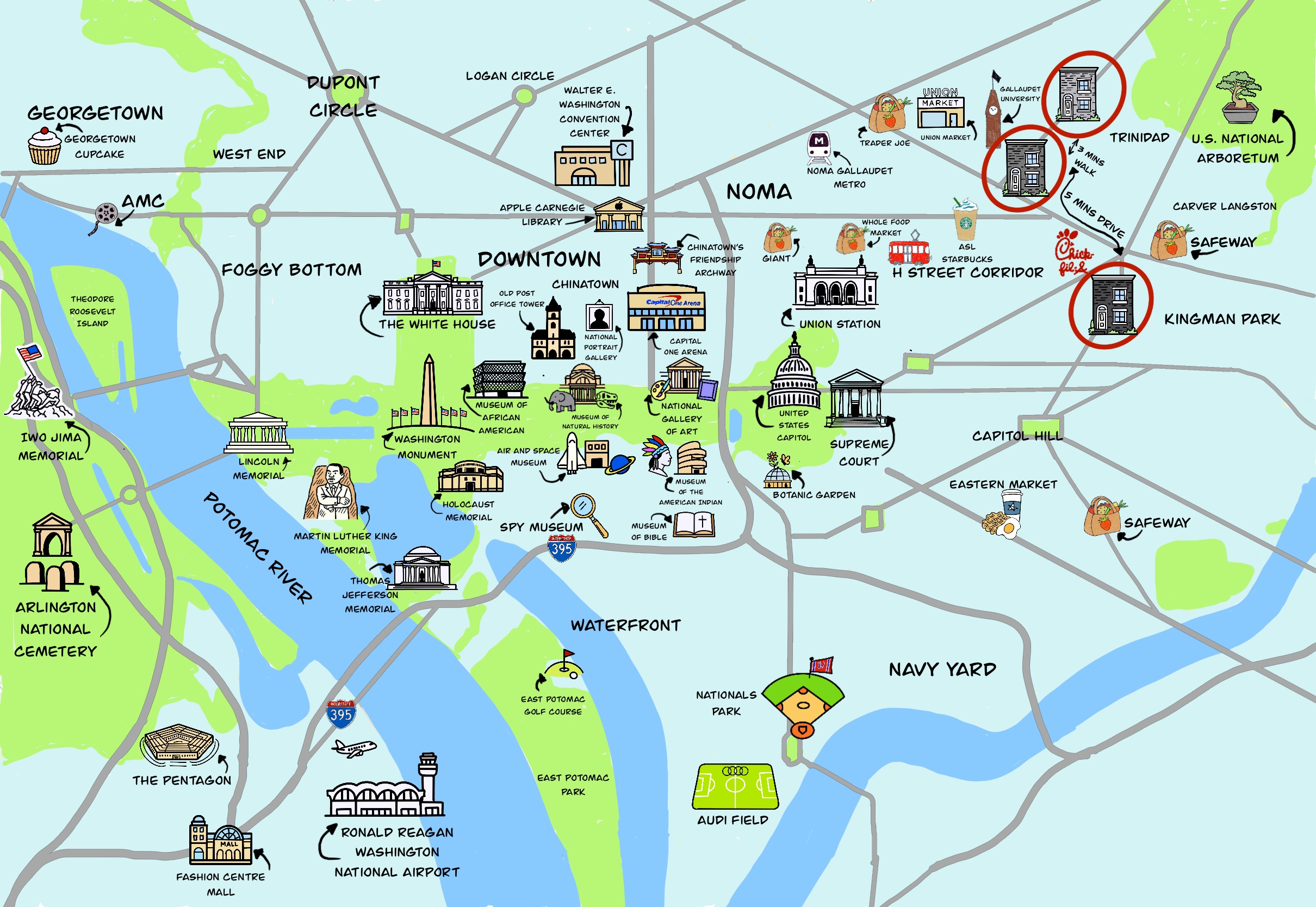 📍 Map showing the location of all three homes.
