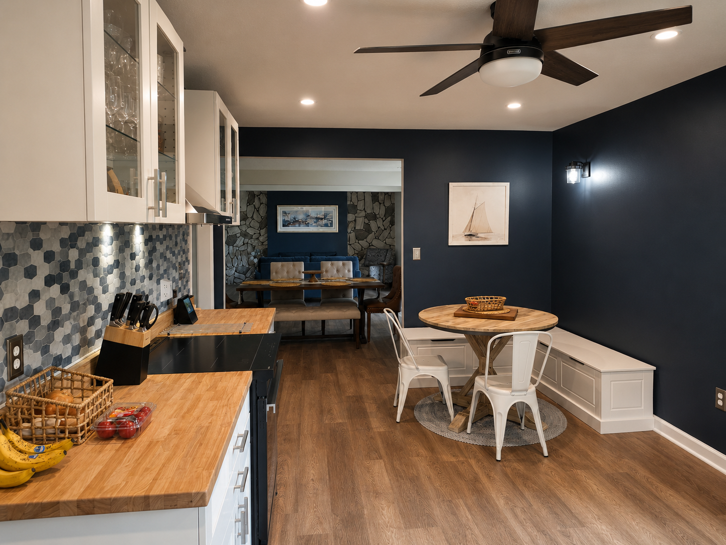 Open kitchen view toward the dining nook, creating an easy layout for meals, snacks and conversation.