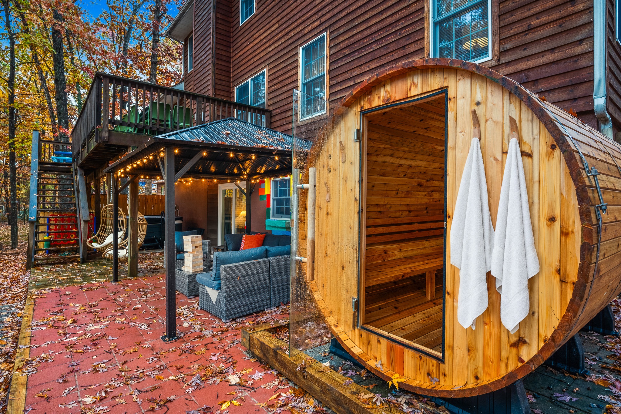 Private cedar sauna + covered lounge = the adult hideaway you didn’t know you needed