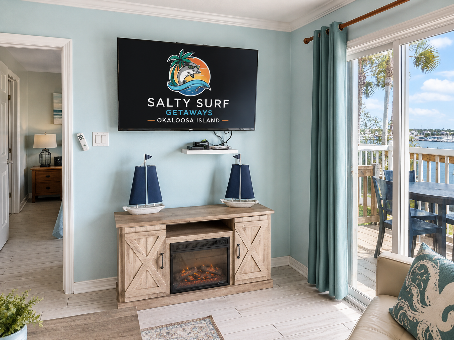 Kick back and relax with a large smart TV and cozy electric fireplace after a full day of Okaloosa Island fun.