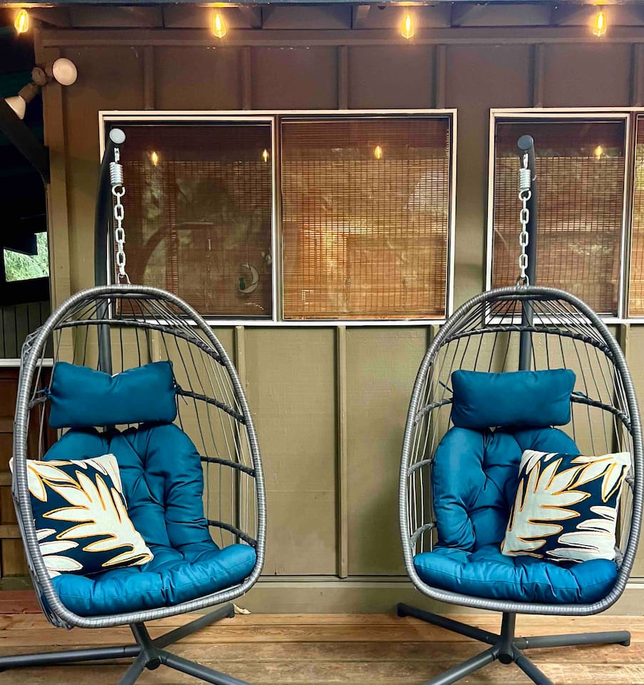 Back Deck on main floor level, overlooking the Sandy River. Access from Main Level Living Room, Master Bedroom, and King Size Guest Bedroom.