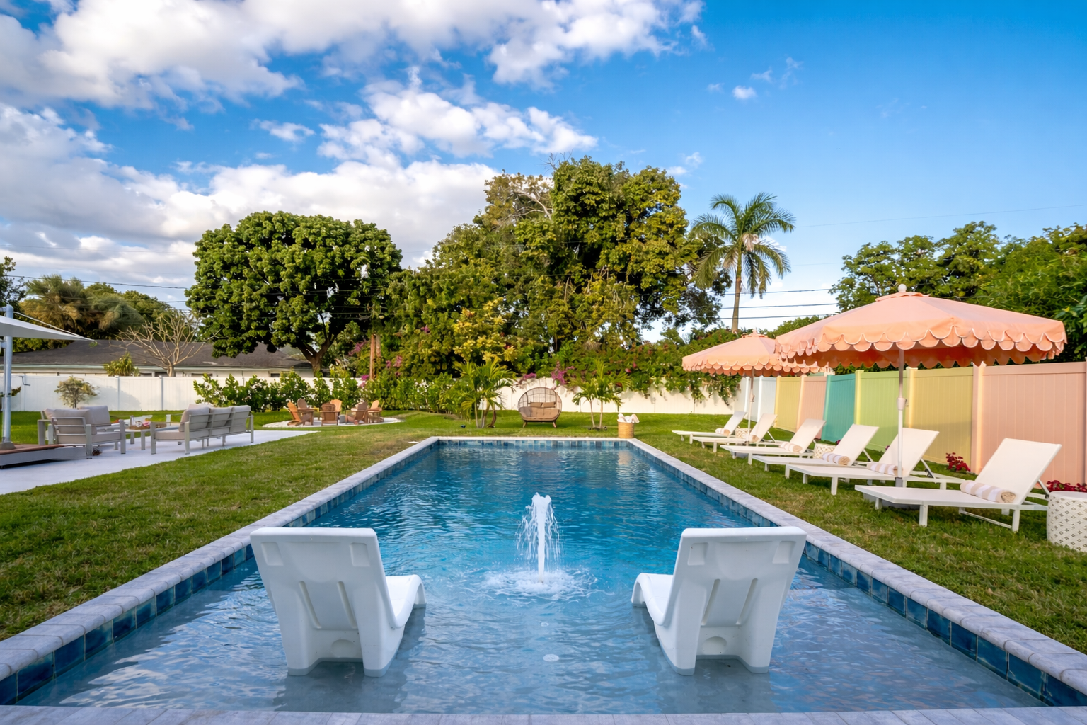 A sun-drenched Palm Beach oasis—brand-new heated saltwater pool with chic in-pool loungers, plush sunbeds, and iconic peach umbrellas, all set within a private, resort-style backyard made for long, lazy afternoons.