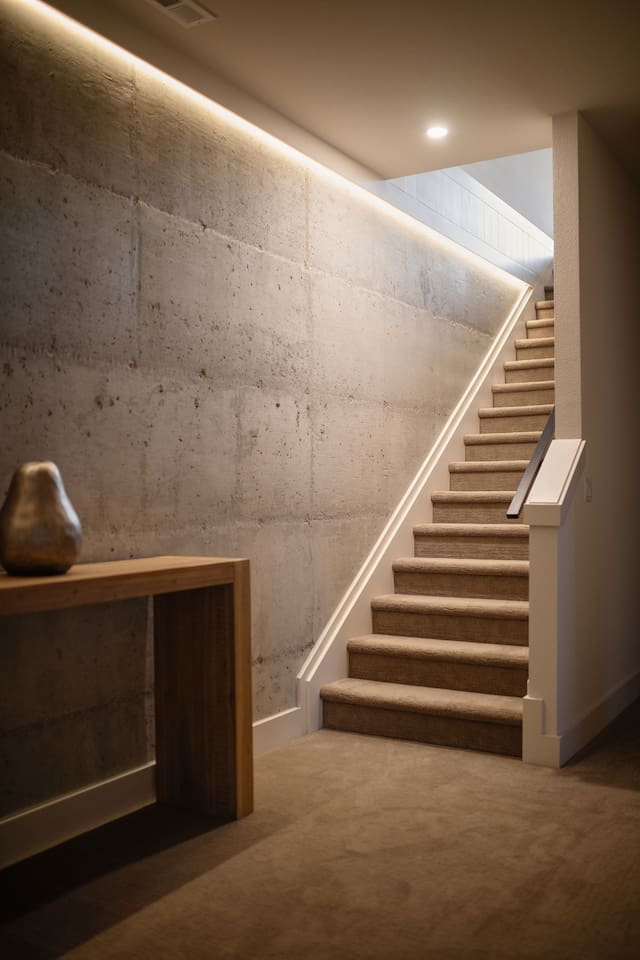 These are the stairs leading to the downstairs game room and three bedrooms. The concrete accent wall is one of our favorite features of the home.