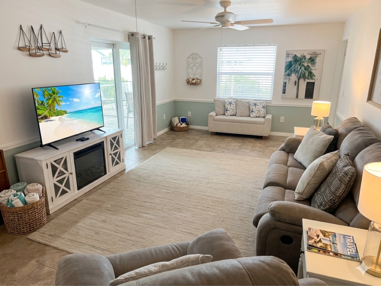 Living room with smart TV and coastal decor