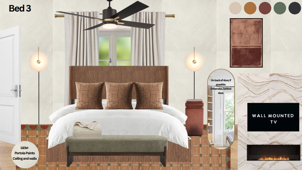 Cozy bedroom featuring a plush king bed, wall-mounted TV, and modern fireplace for the perfect blend of comfort and style.