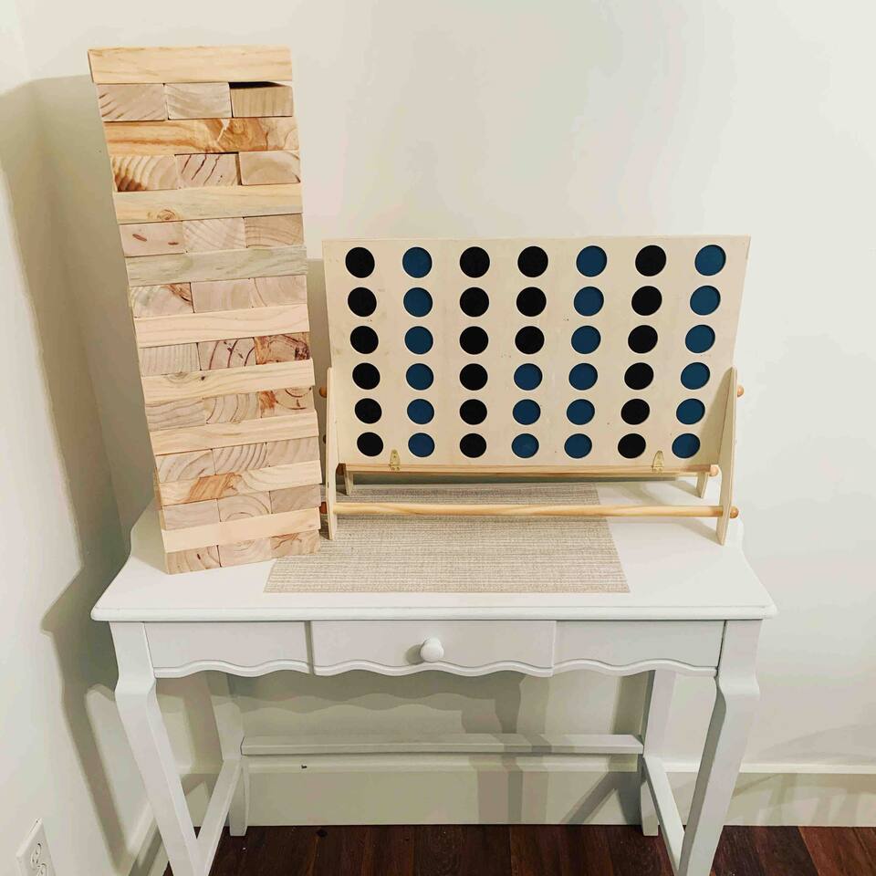 Mega sized Jenga and Connect 4! Can be used outside to have fun while still enjoying that creek view! 