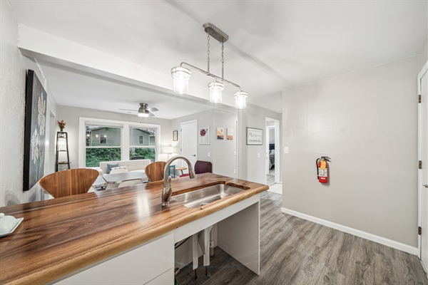 Morning Glory's kitchen workspace and view into the cozy common area.