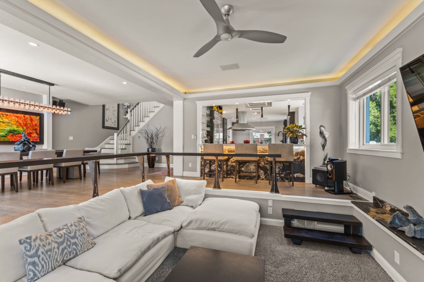 View of Living room into Dining Area and Kitchen 