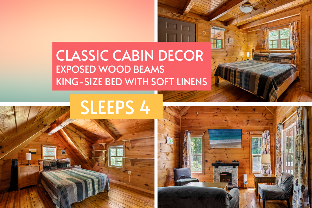 Classic wood-beam charm meets modern comfort—sleeps 4 with king & queen beds.