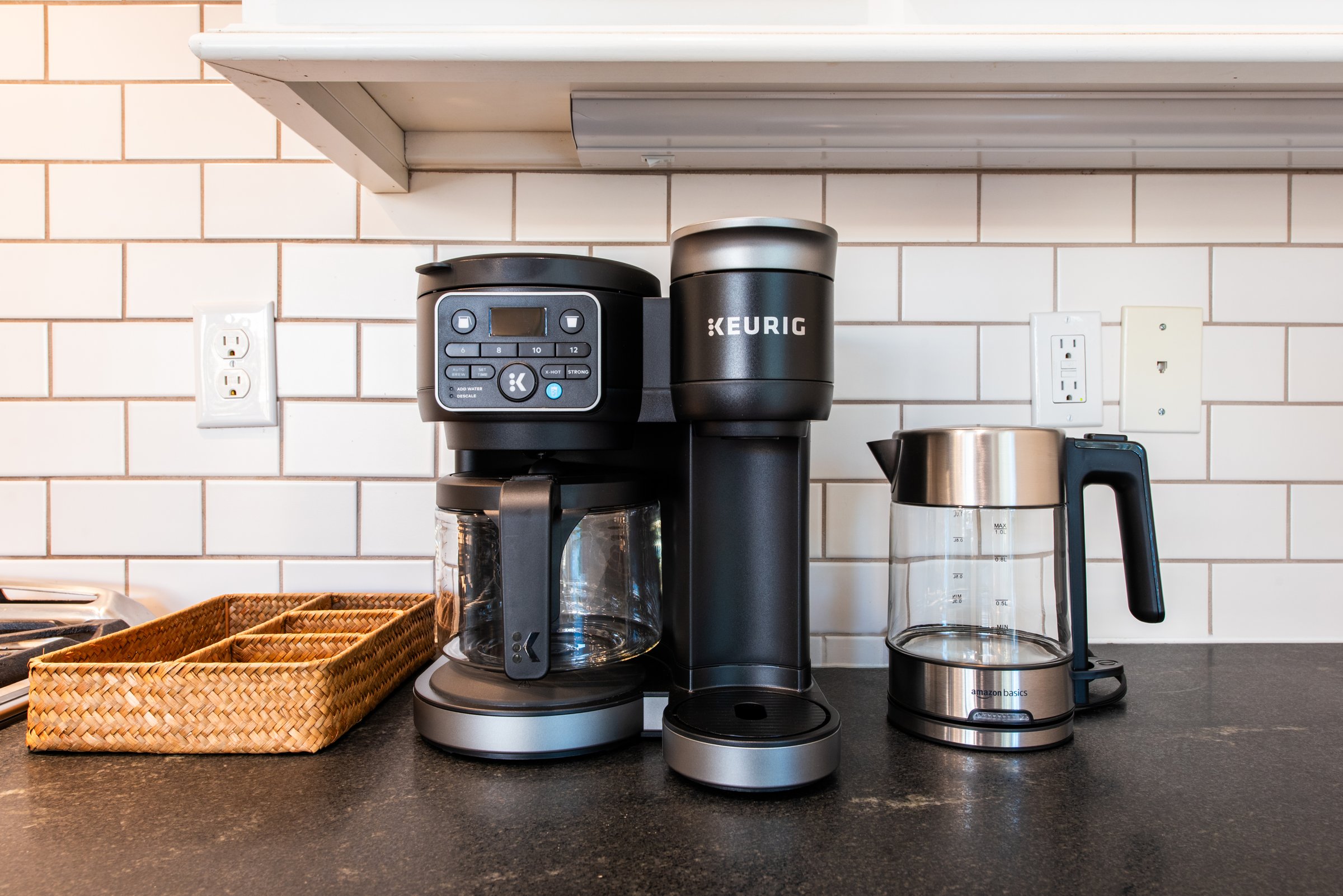 Start your morning right with a drip coffee maker, Keurig, and electric kettle.