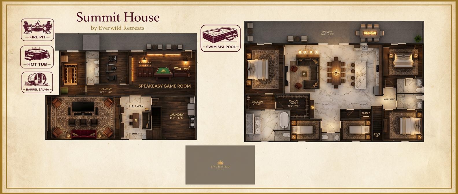 Summit House by Everwild Retreats — a luxe mountain estate designed for gathering. Chef’s kitchen, king suites, bunk room, speakeasy , theater, gym, plus swim spa, hot tub, barrel sauna & fire pit. Thoughtfully curated for unforgettable Asheville stays..