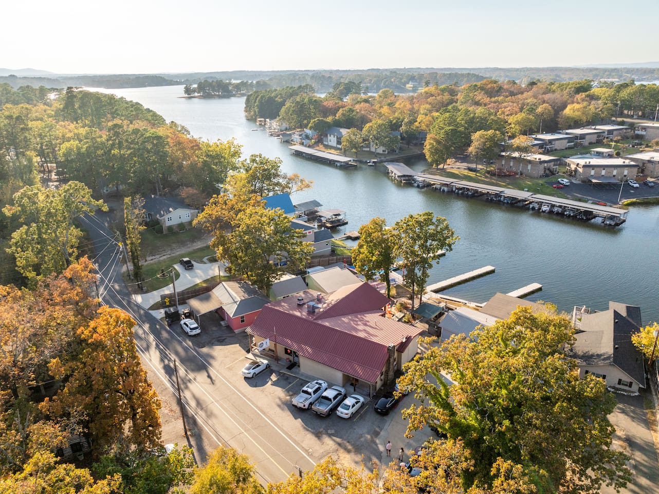 Aerial View of the Front of Sam's Pizza, located just off of Burchwood Bay Road.  It is Central to ALL Things Hot Springs!