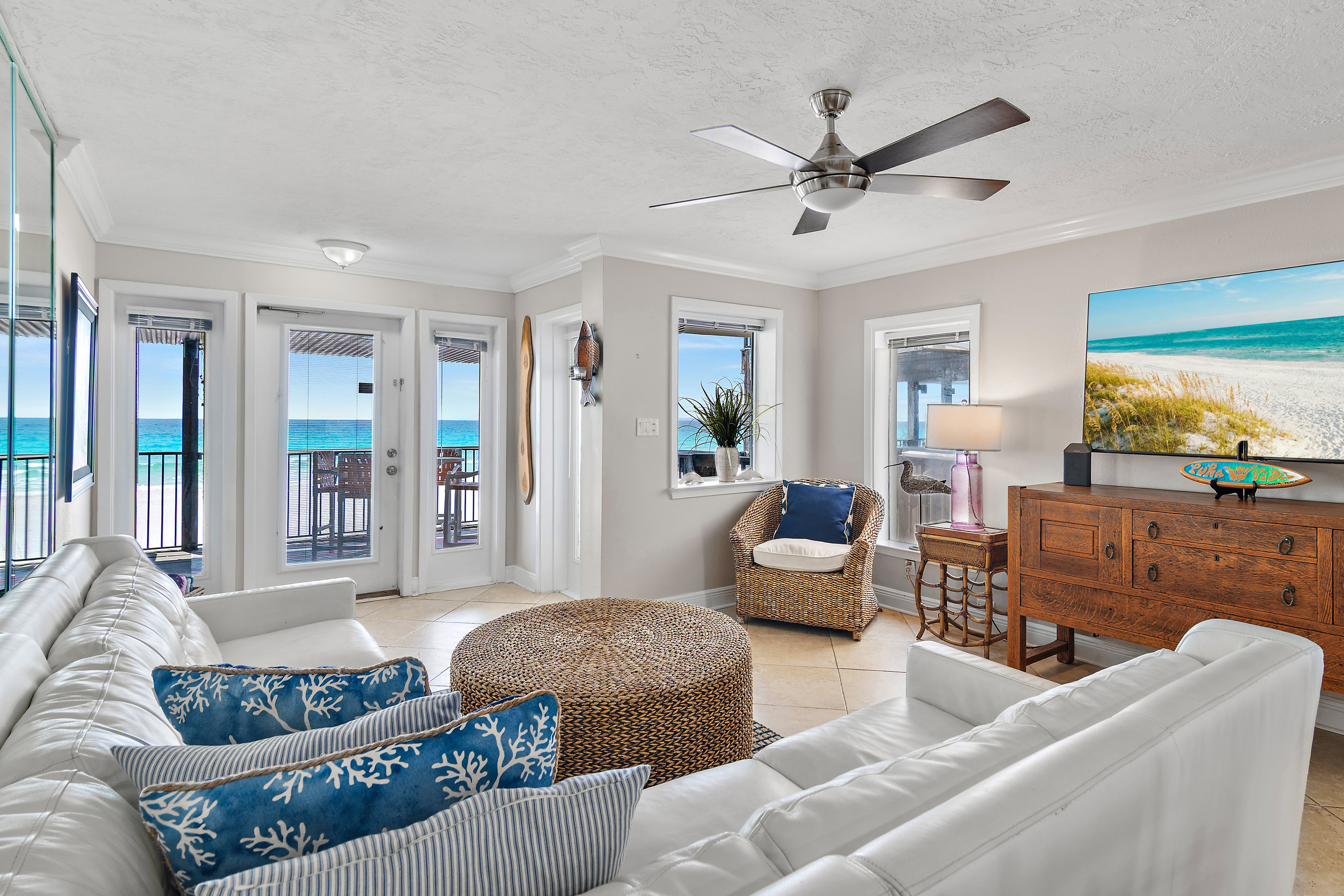Costa Del Sol A10 - 2nd Floor has the Primary Living Space with a comfortable, Gulf View living room with tons of seating around a 55" Smart TV!