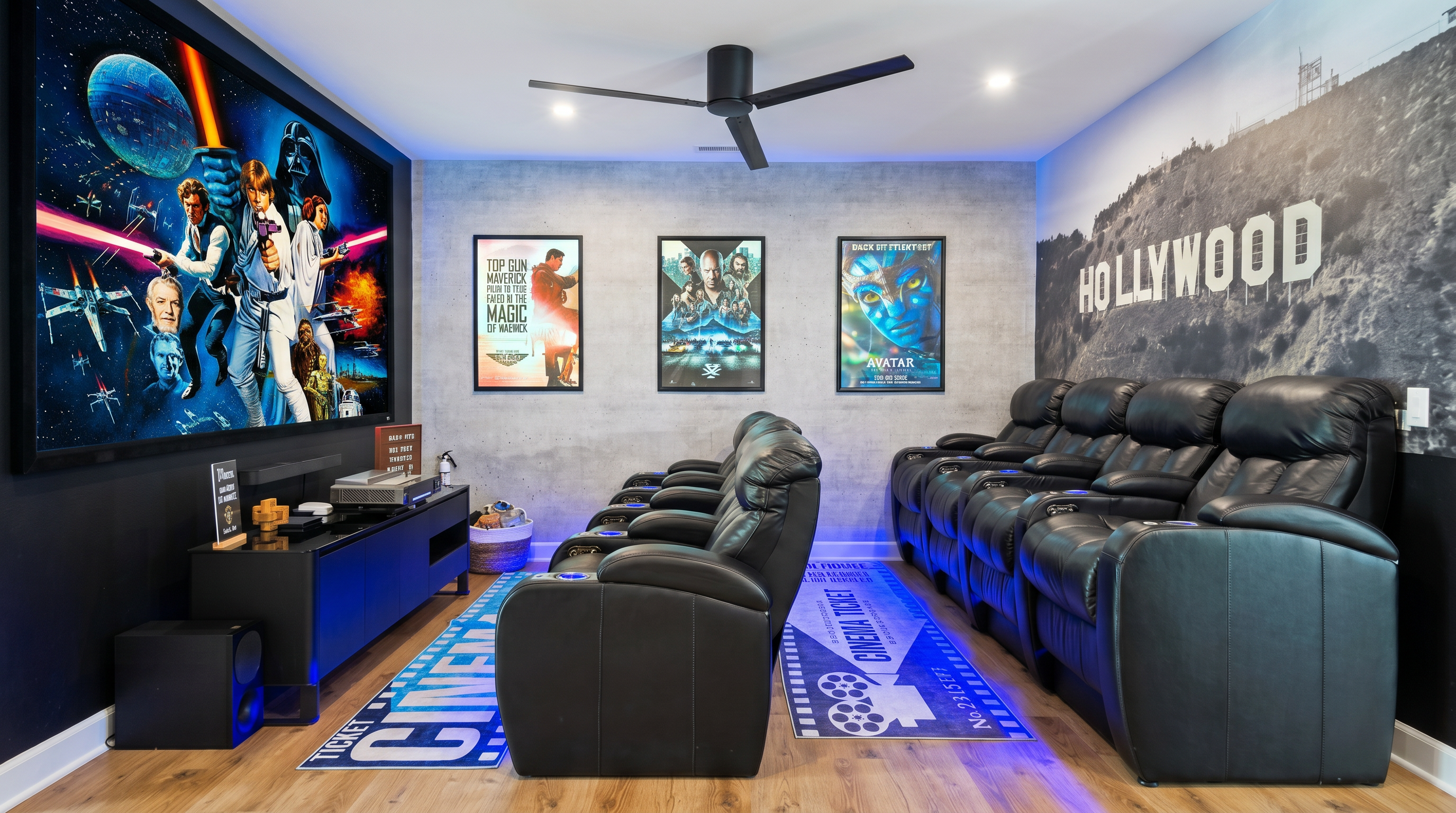 The movie room has eight leather recliners. 