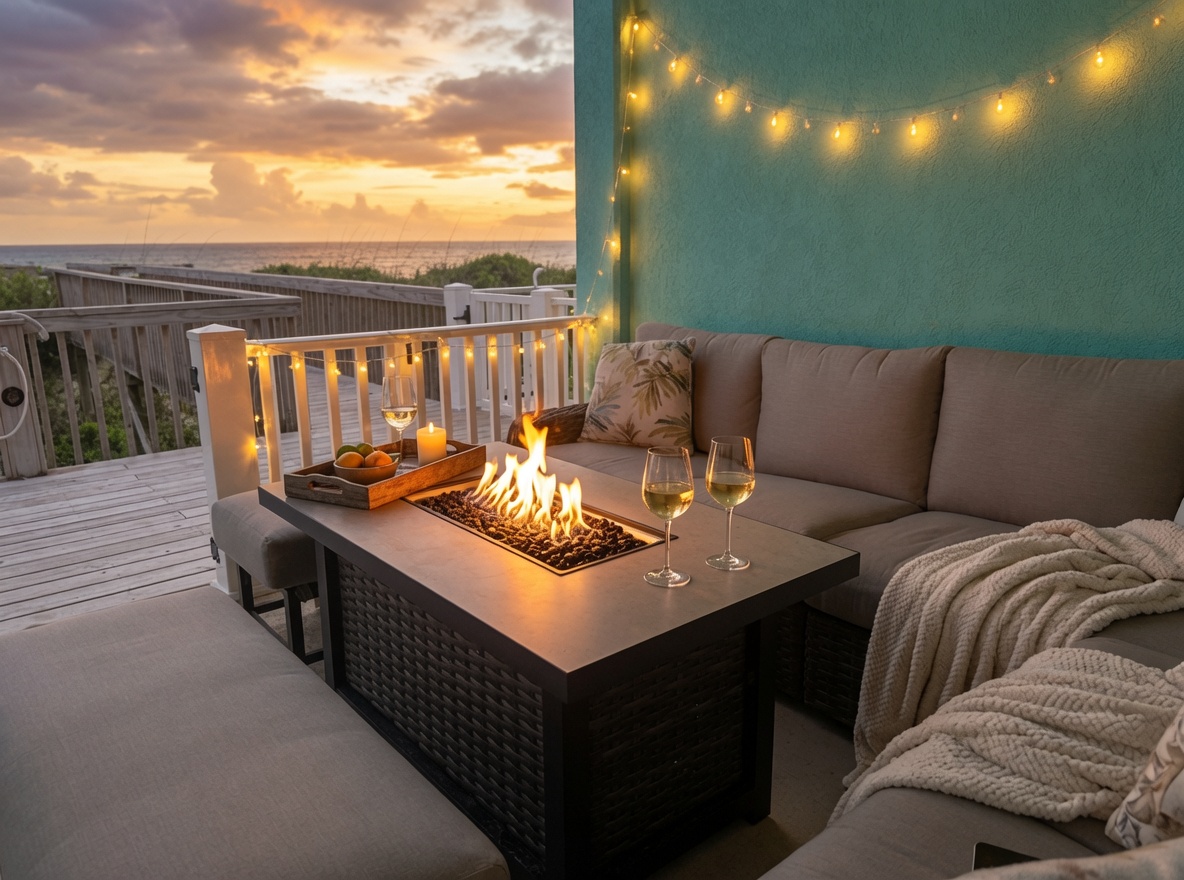 New sectional and fire pit on the main deck
