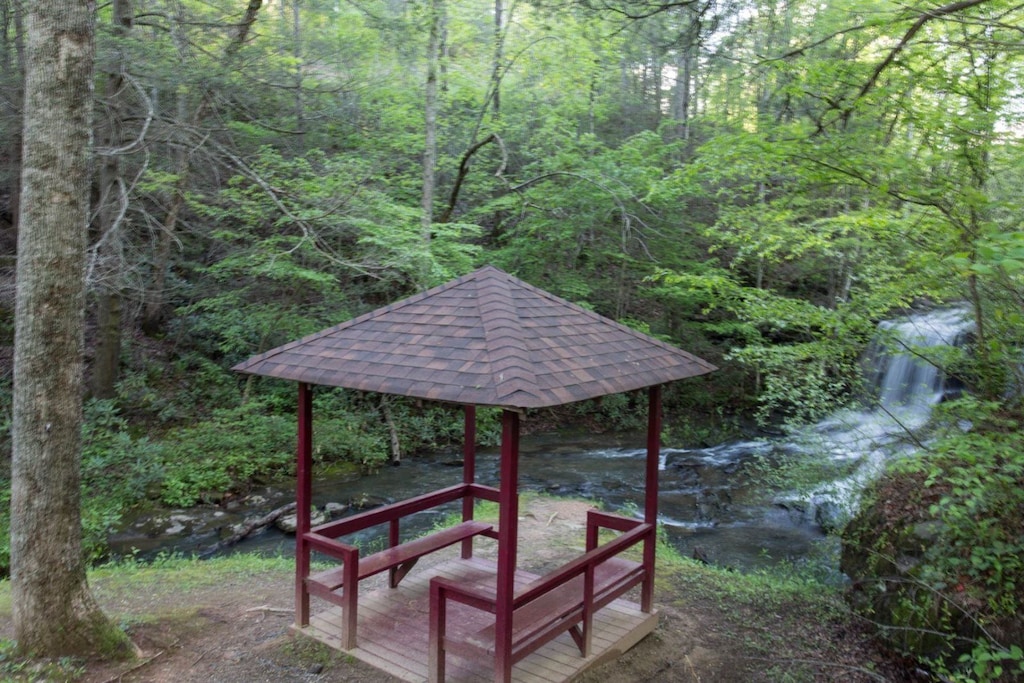 Stop by the Broad River waterfall and have a seat.