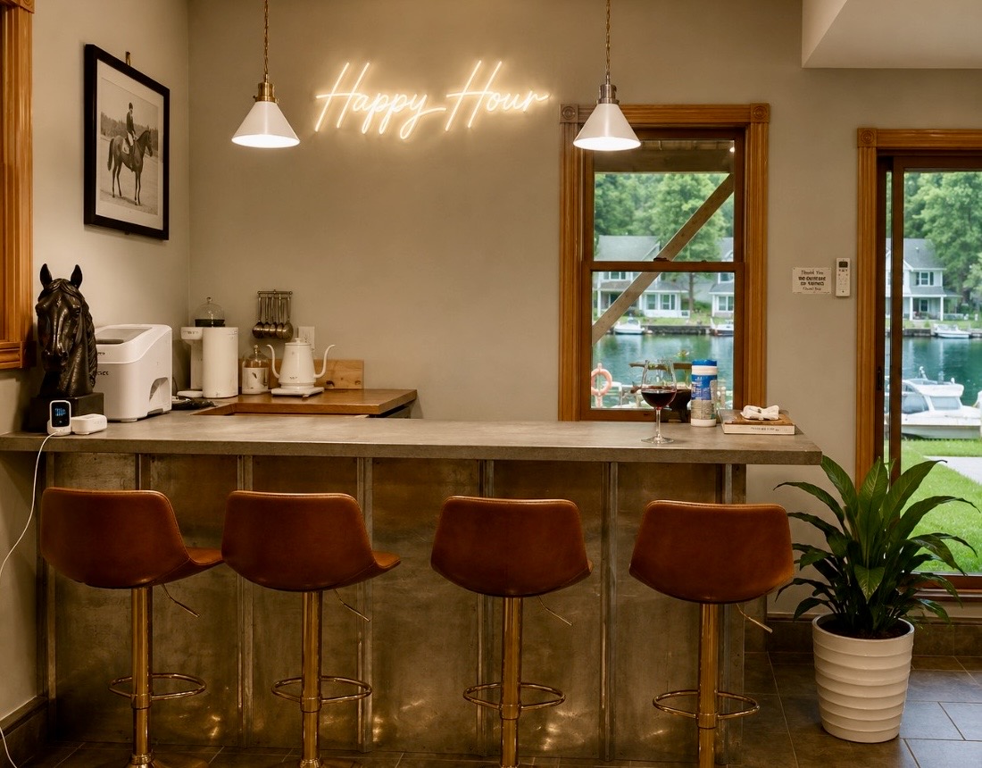 Gather around the custom bar with warm neon ambiance, waterfront views, and the perfect spot for cocktails, coffee, or evening conversation.