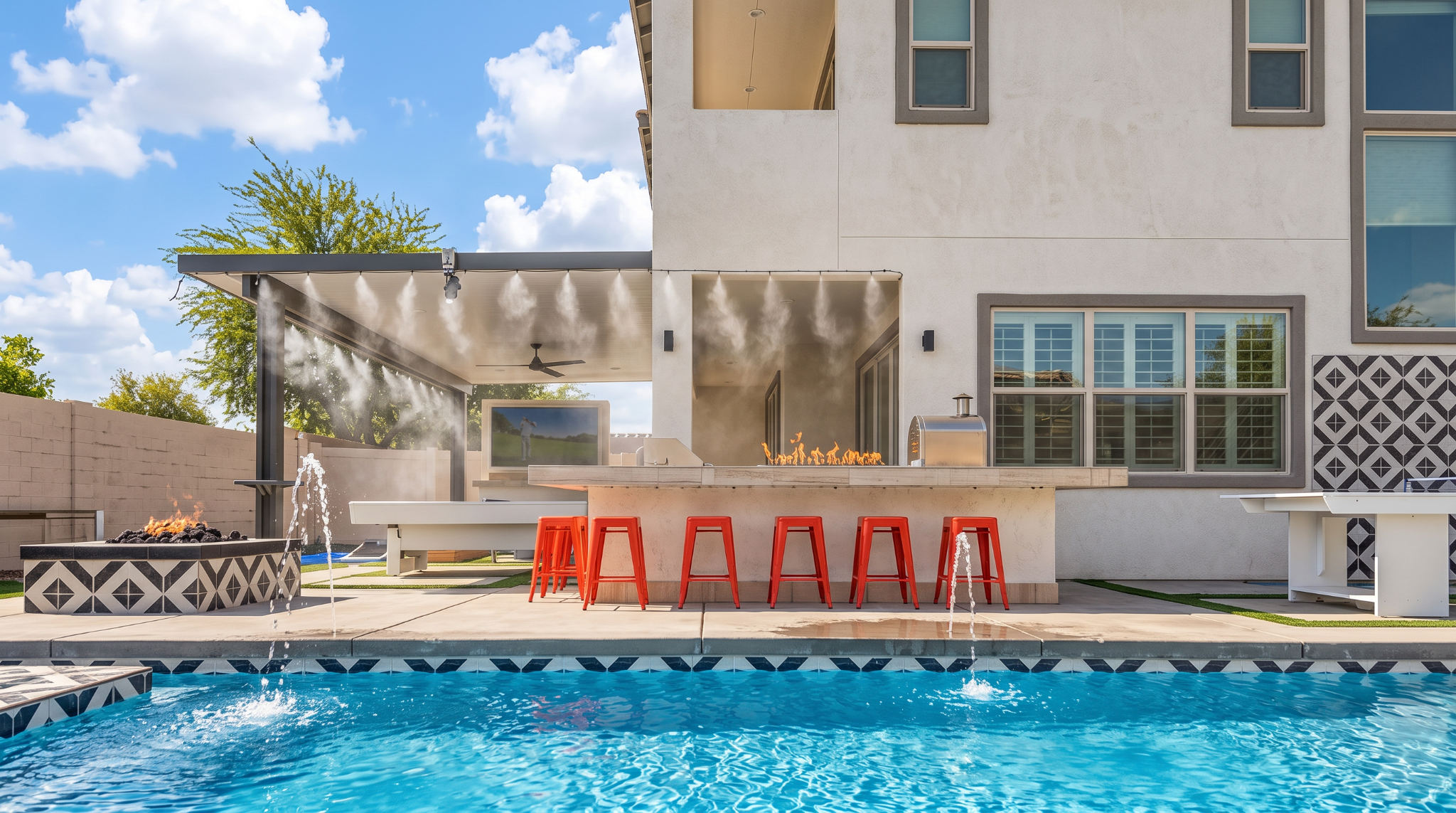 Outdoor misters help cool the patio during the daytime!