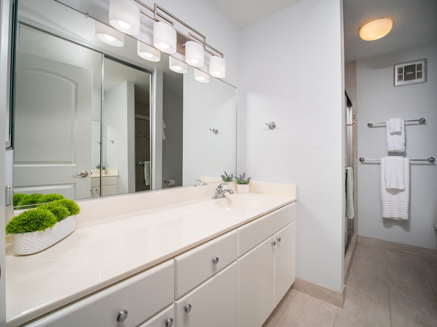 Upstairs Master Bath sink, walk in shower, and  toilet. Closet.