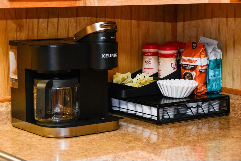 Keurig with provided K-cups, drip coffeemaker with ground coffee.