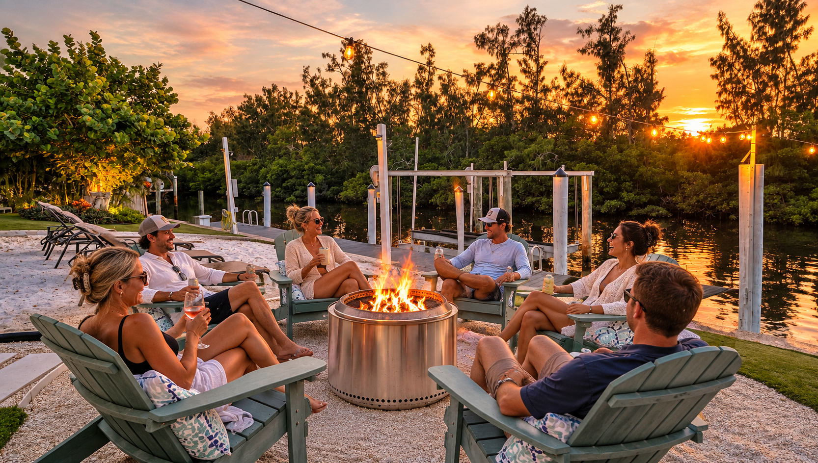 Unwind by the water with cozy evenings around the firepit, comfortable Adirondack seating, and beautiful sunset views. 🔥🌅