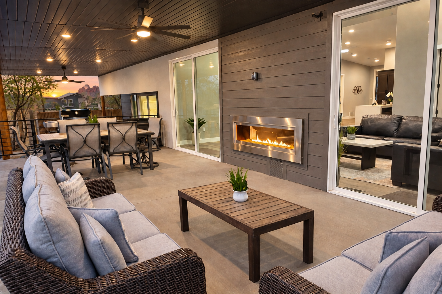 Outdoor fireplace and seating area