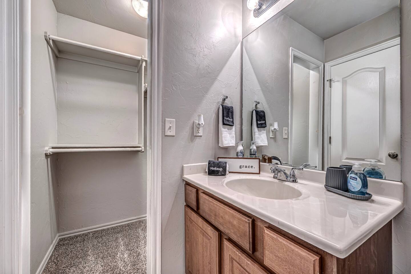 Fresh and clean Master bathroom featuring a walk-in closet and a shower/tub for your comfort.
