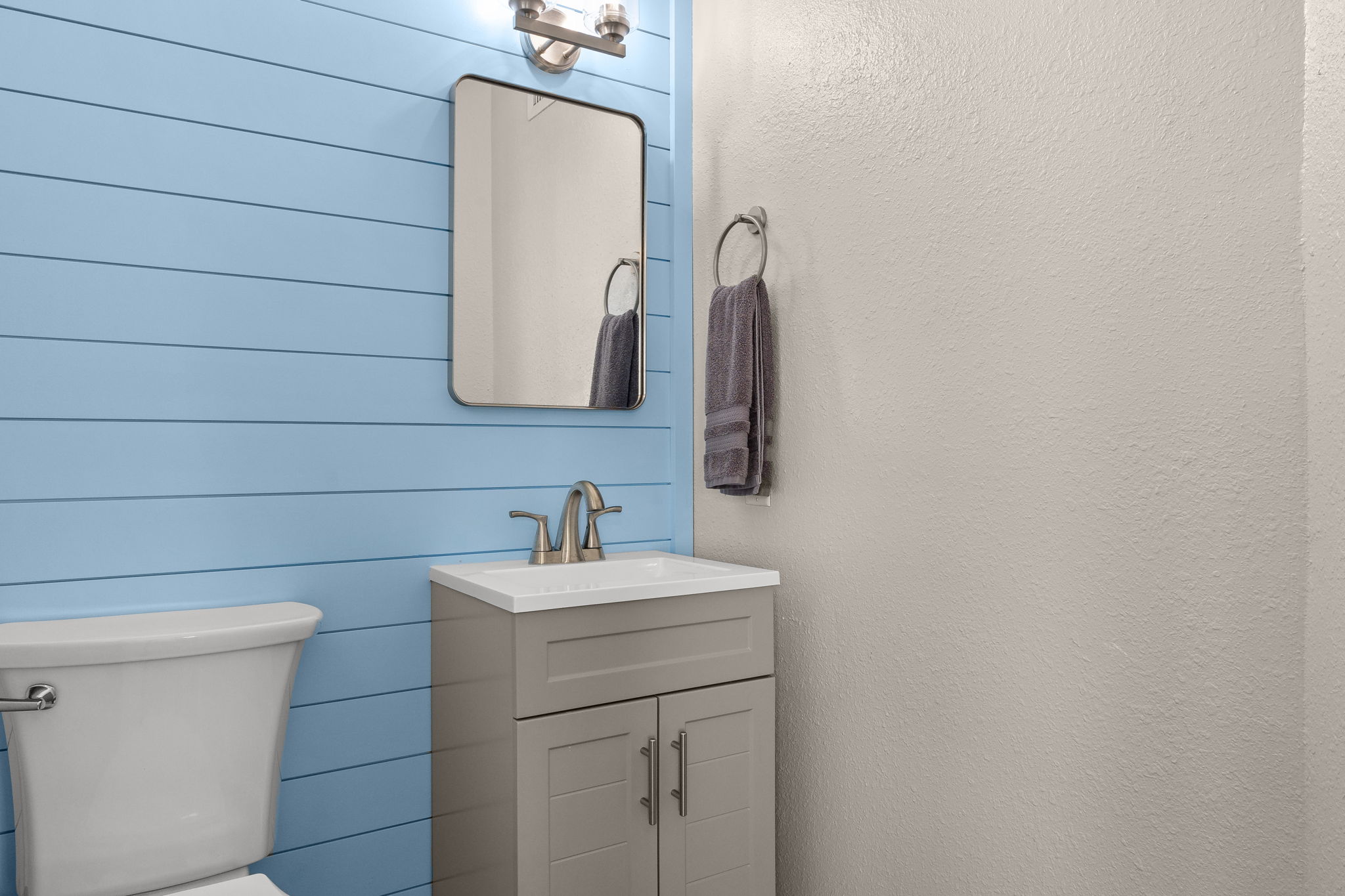There is a half bathroom located downstairs.
