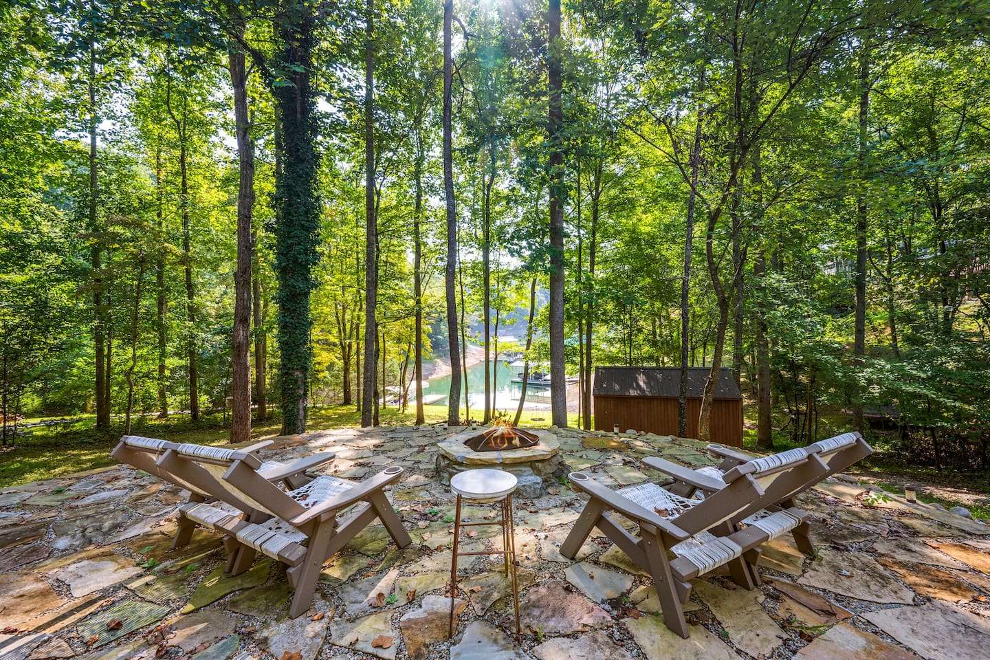 Outdoor wood burning firepit with plenty of seating