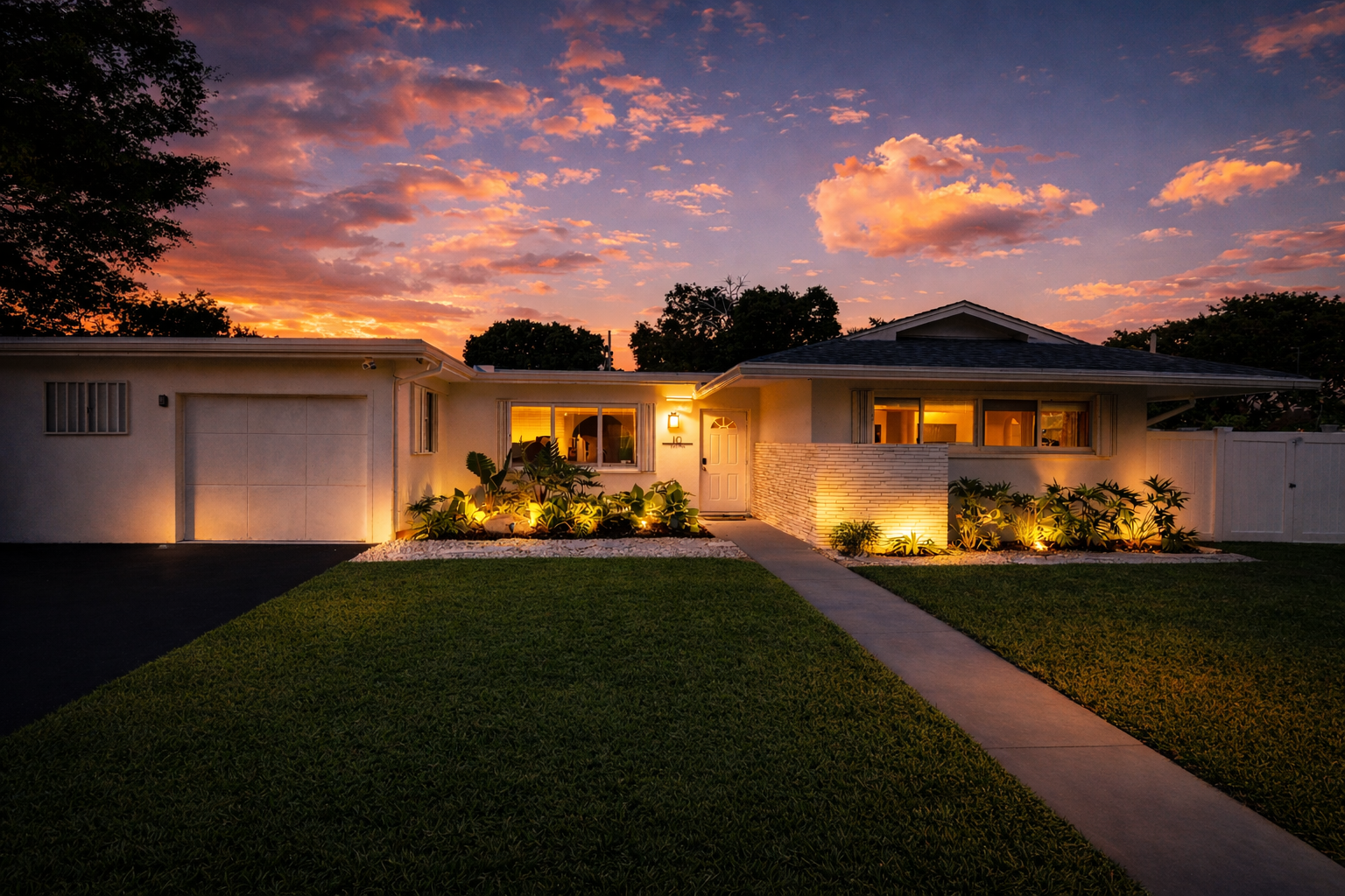 Golden-hour glow highlights this beautifully lit Palm Beach retreat—private, serene, and welcoming from the moment you arrive.