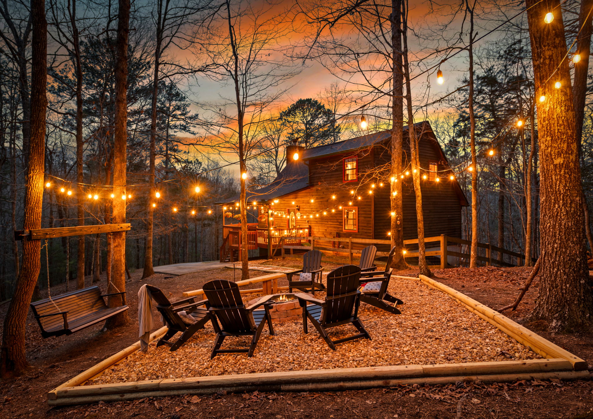 The gentle lighting enhances the cozy seating arrangement, making it perfect for evening gatherings.