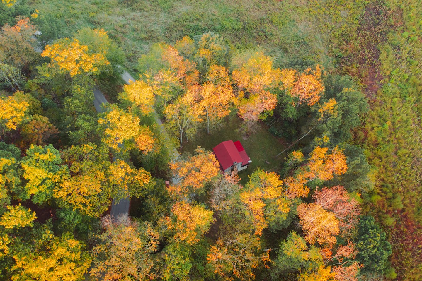 Aerial view of CopperRose, nestled in the vibrant fall landscape.