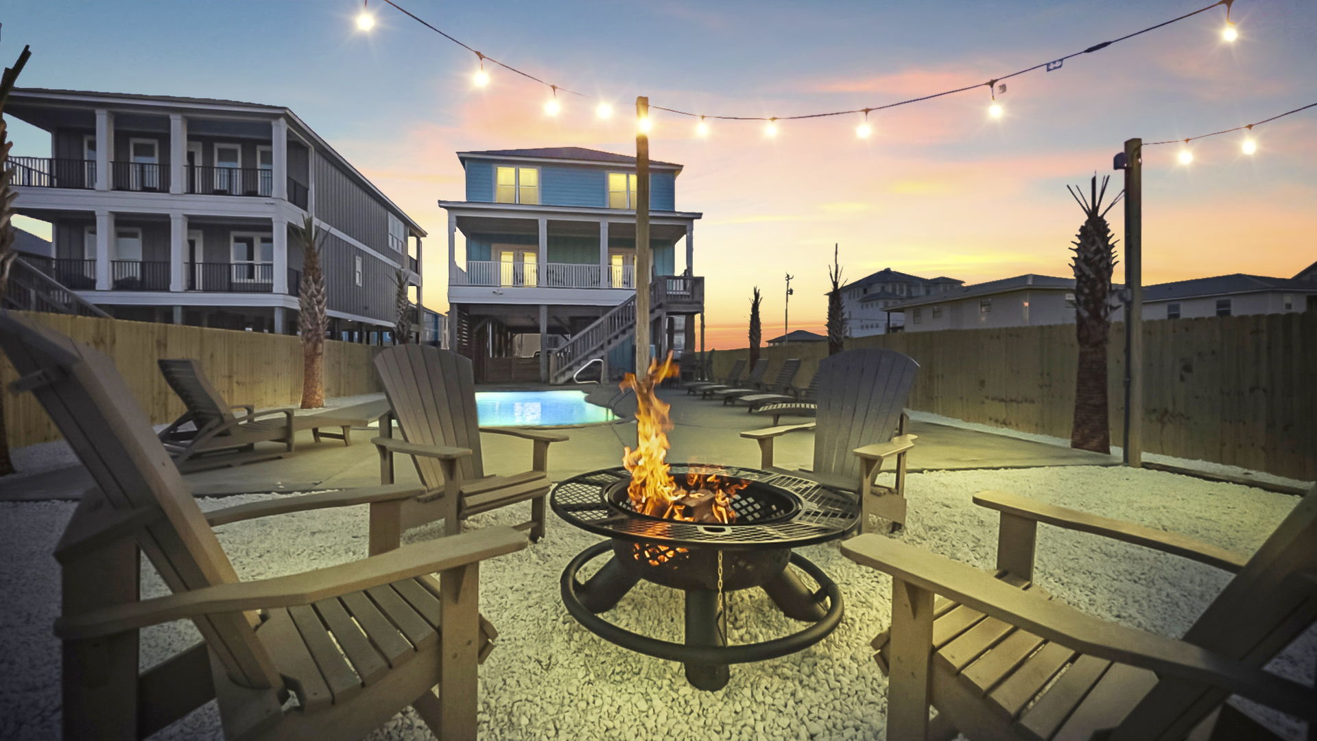 Firepit in the backyard with party lights