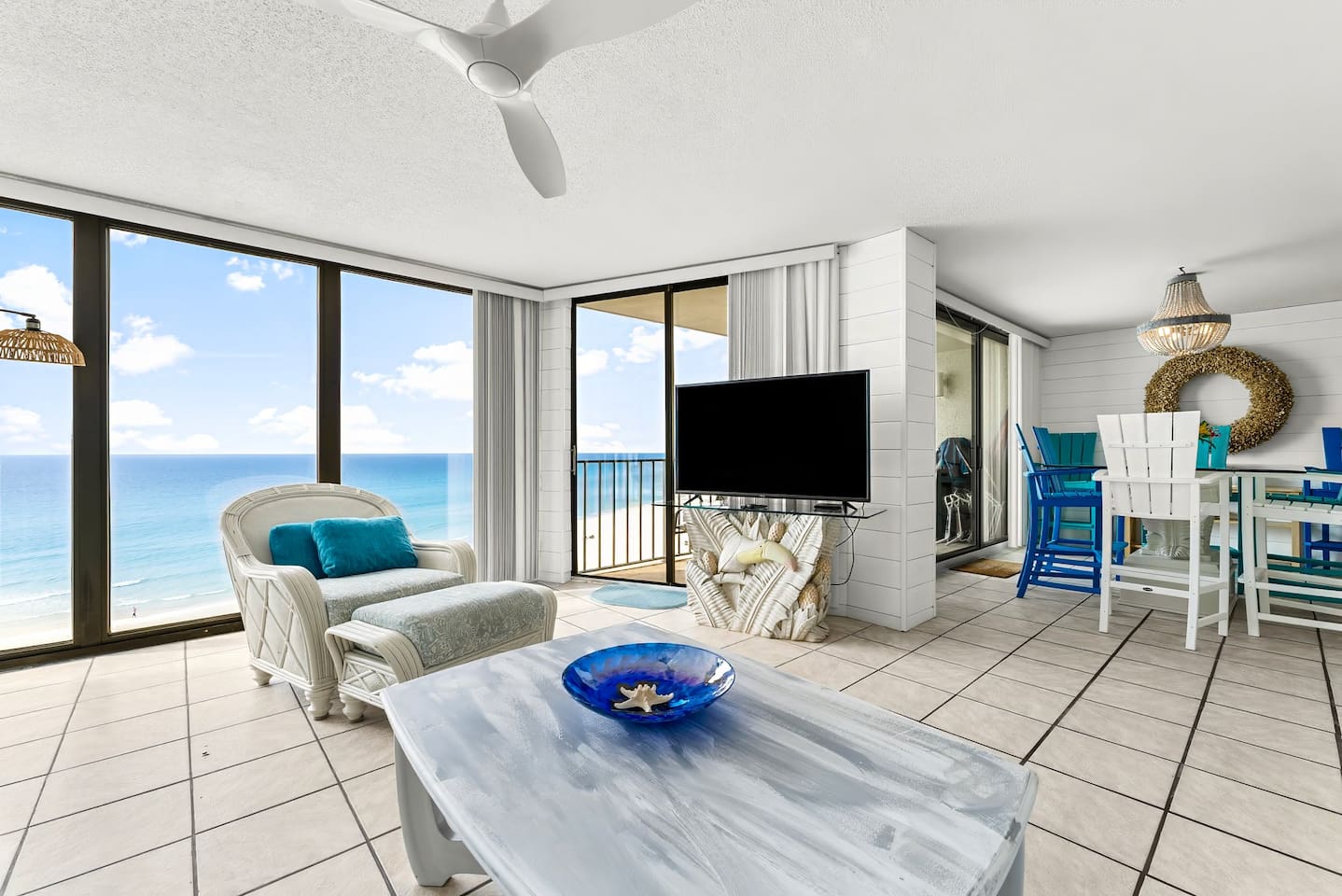 Spacious living area with smart TV