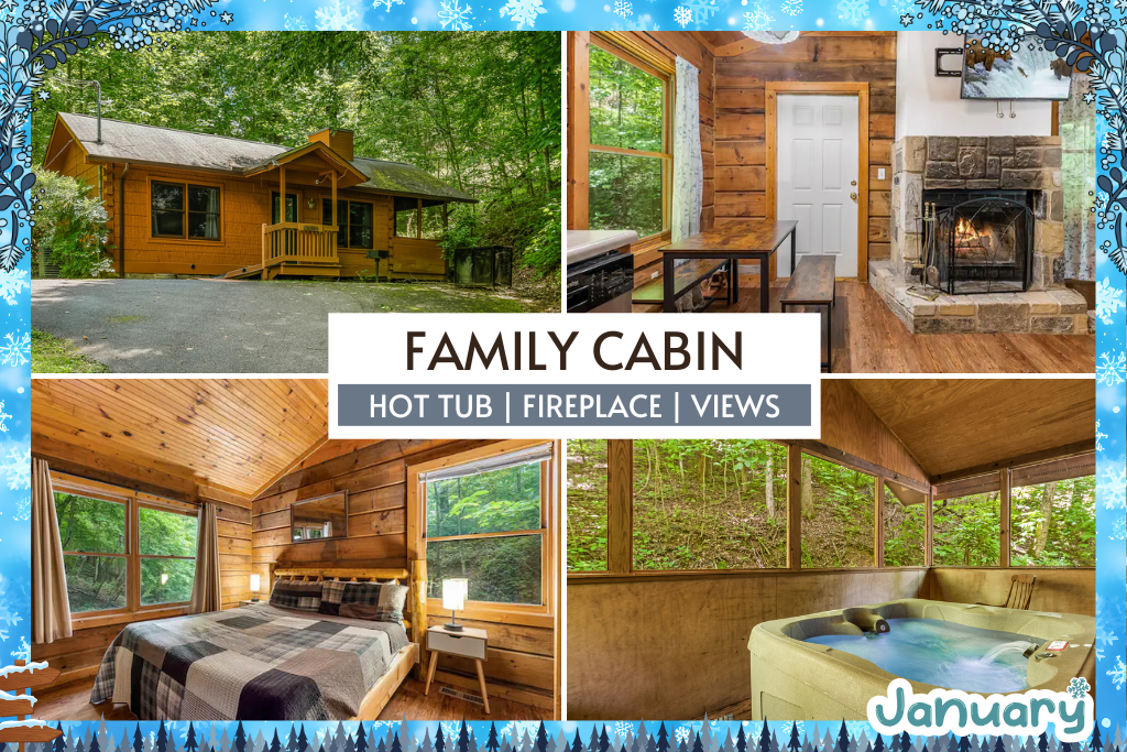 A cozy family cabin retreat with a private hot tub, crackling fireplace, and peaceful forest views—perfect for making memories together.