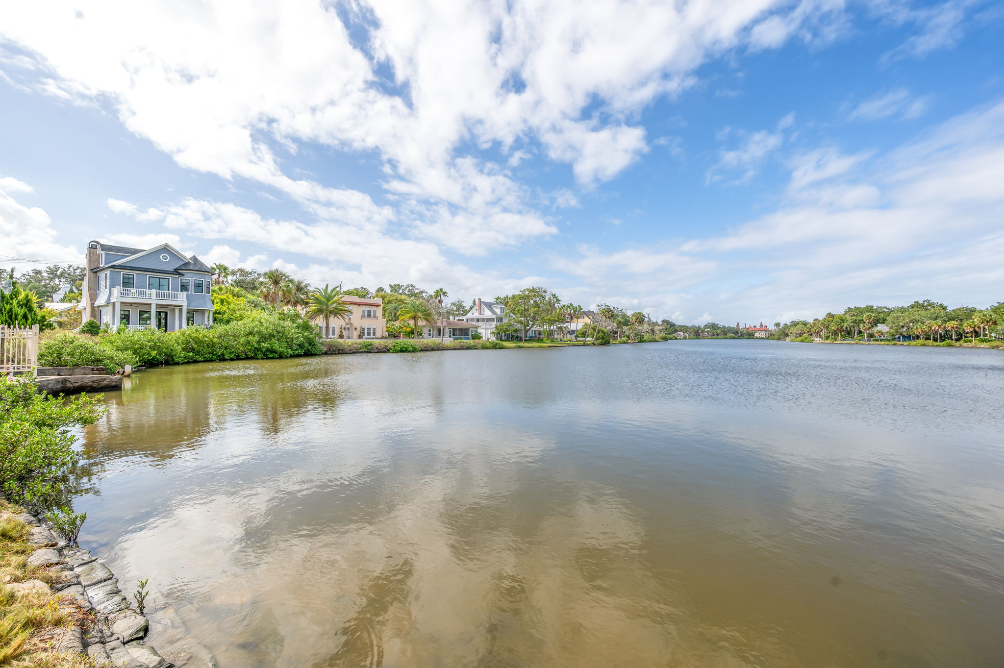 A distant view of the balcony and back porch