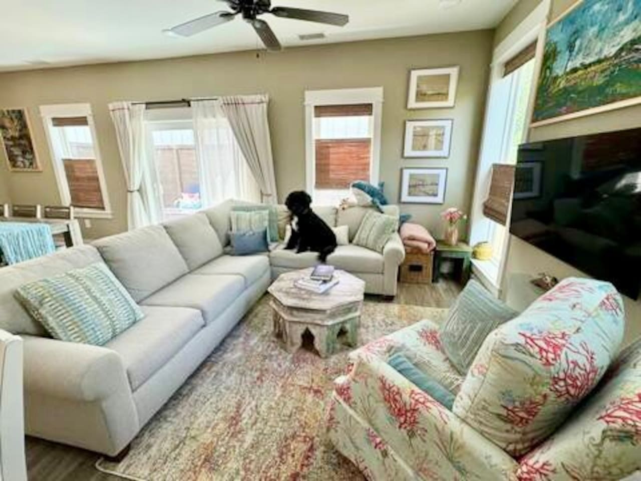 Many light fixtures on dimmer switches for greater ambianceTVs in living space and all 3 bedroomsWaterproof dog blankets available in basket to right of couchBoth sheer and blackout curtains available on double rodBlinds are top-down bottom-up