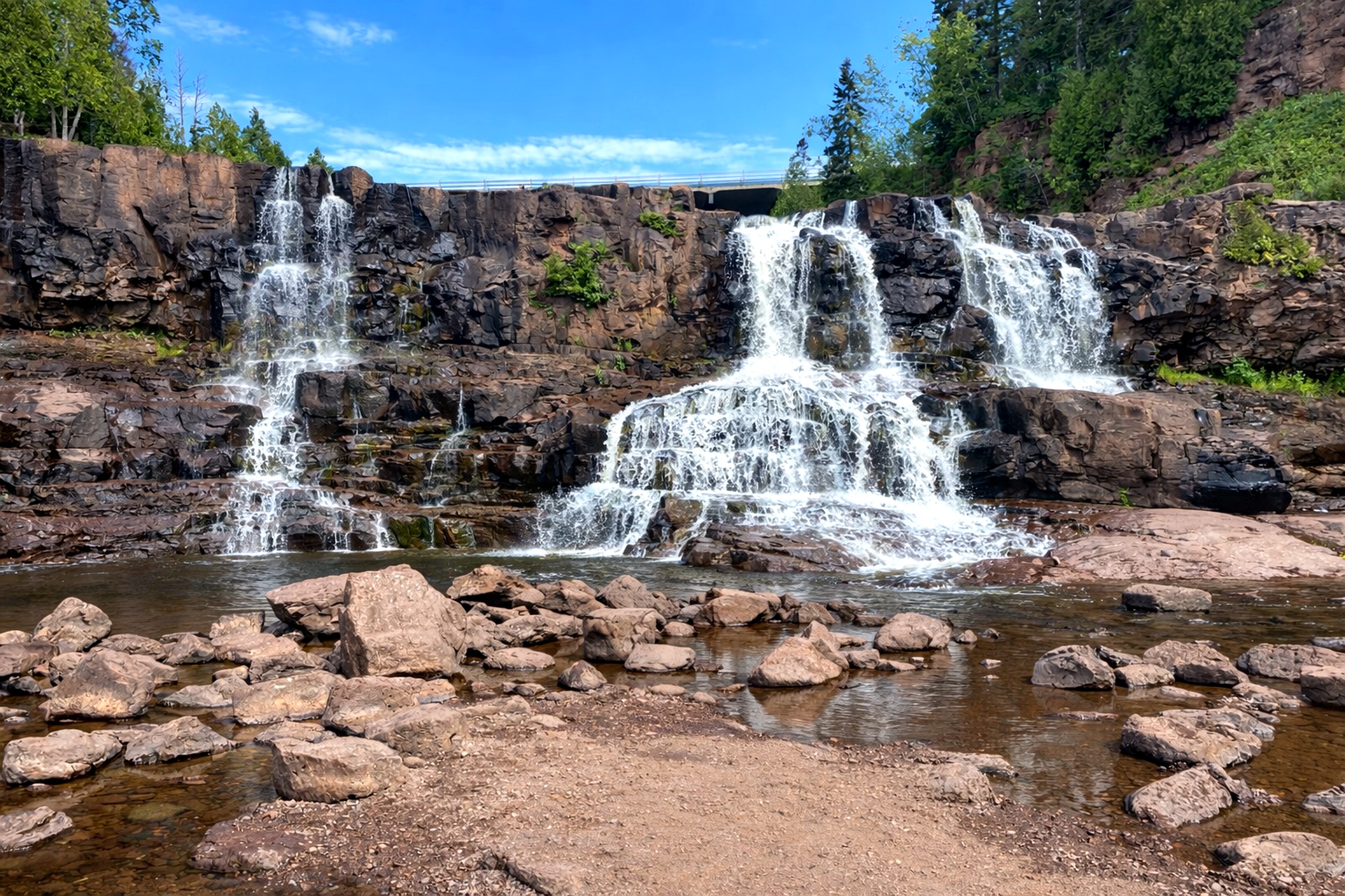 Gooseberry Falls State Park iconic waterfalls and scenic hiking 24 minutes from Superior View. An easy, beautiful drive down Hwy 61 makes this a must-see North Shore stop for all ages.