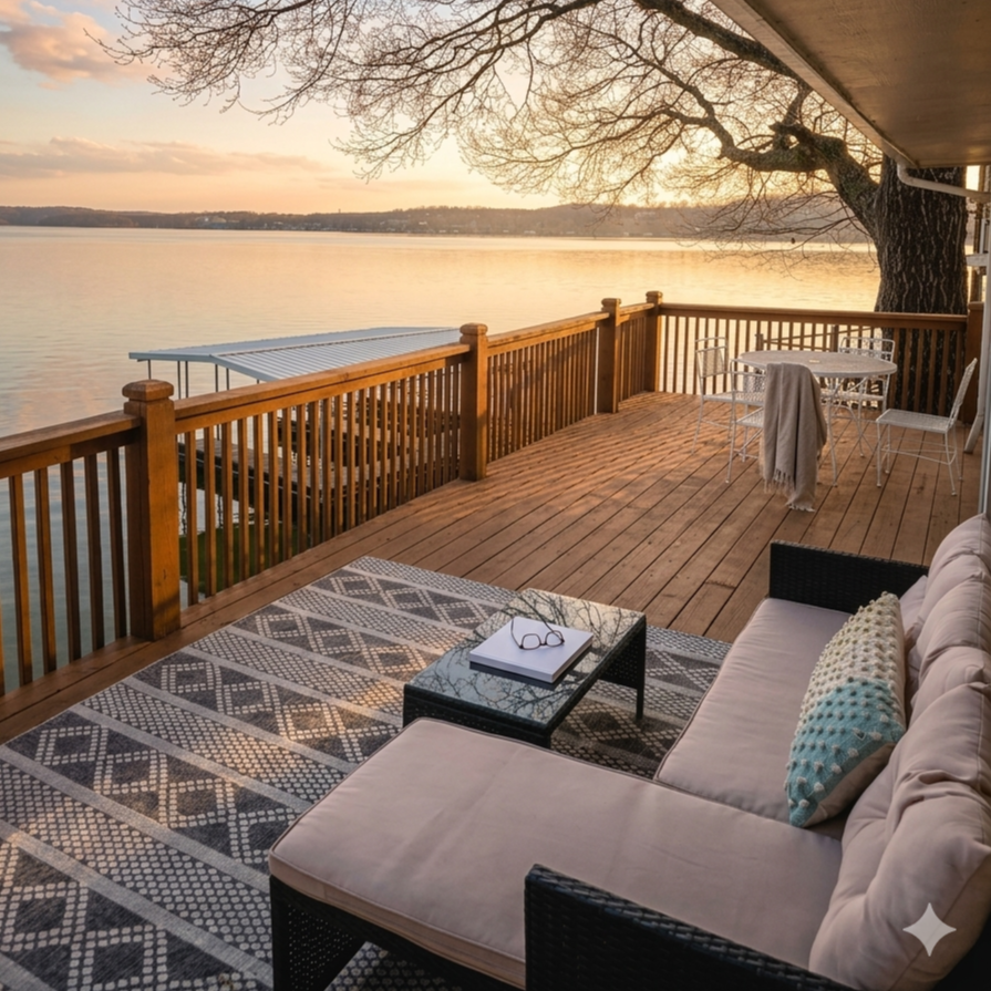 Markley Manor outdoor lounge overlooking Lake of the Ozarks – spacious vacation rental at Sunrise Beach