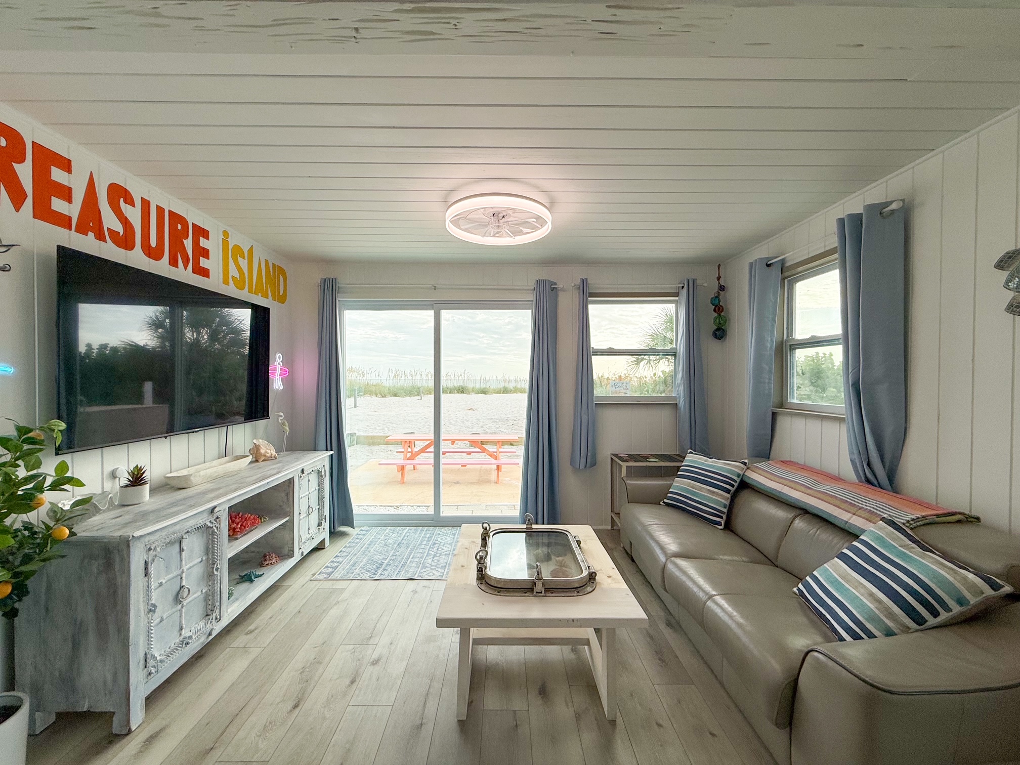 Living Room w/65" TV and Shabby Chic TV Console