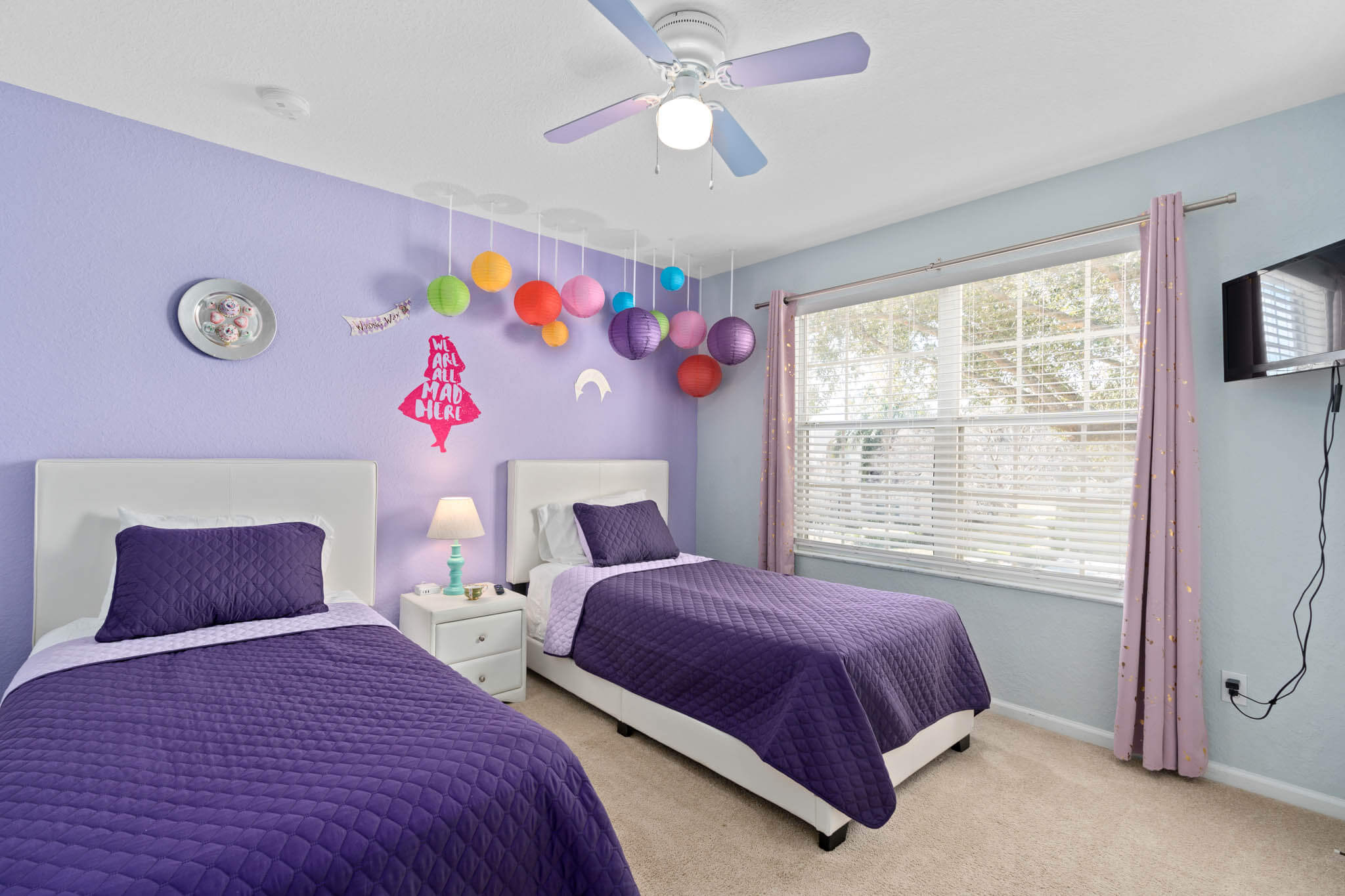 Upstairs Mad Tea Party twin bedroom with TV - Now with luxury vinyl flooring!