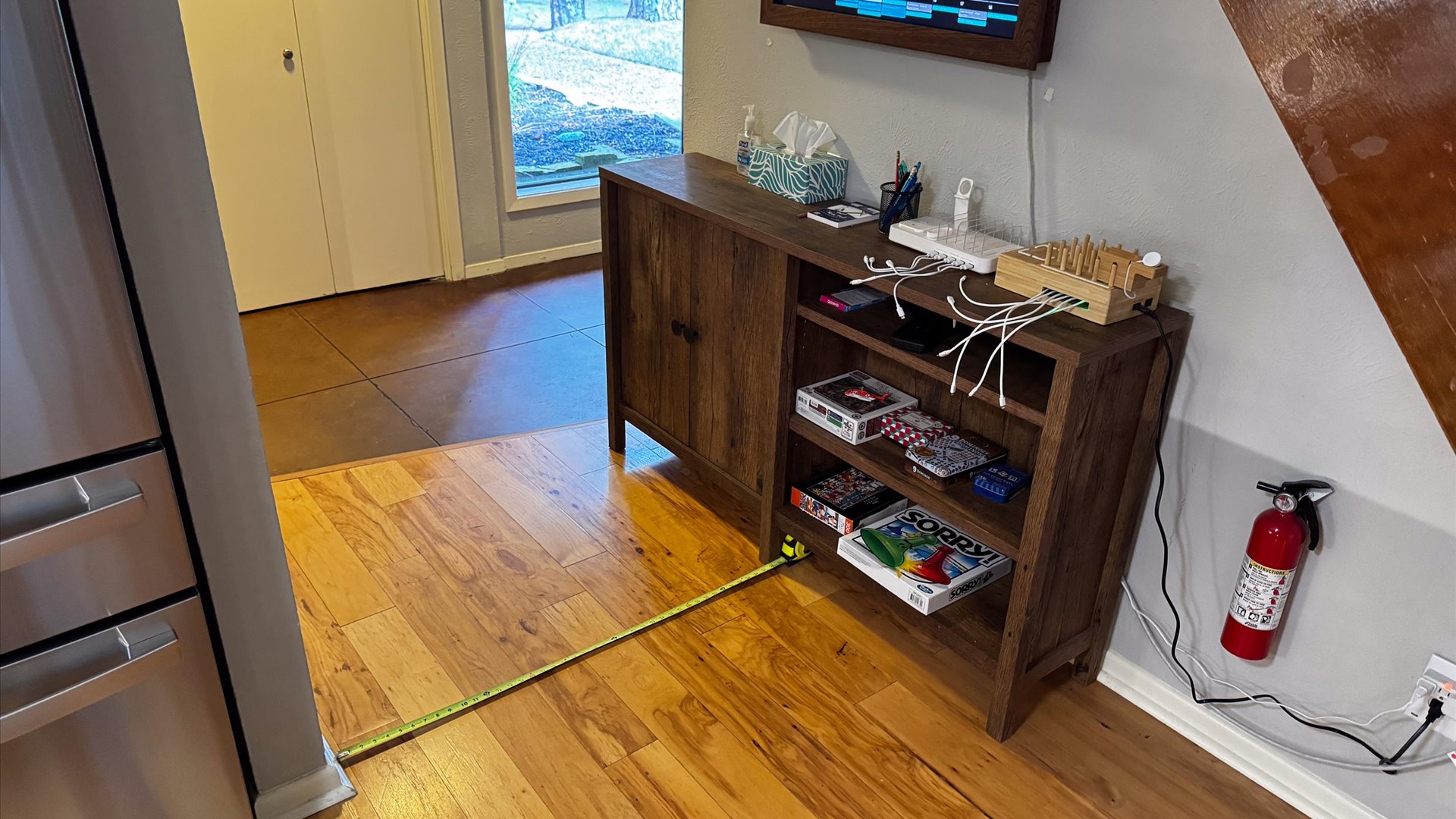 View from Kitchen going into hallway area.