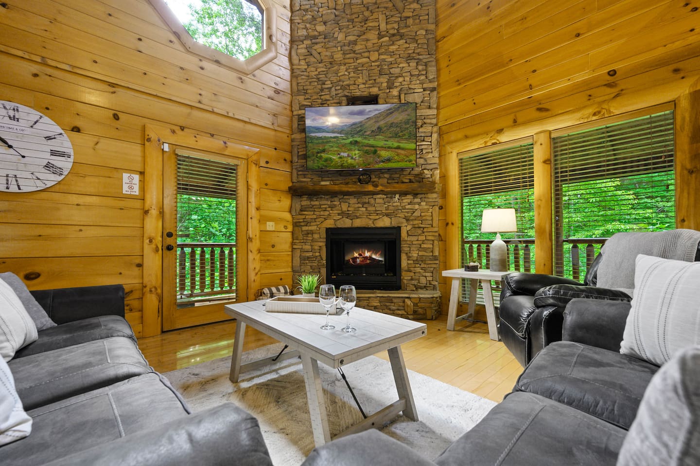 Relaxing living room includes queen sleeper sofa and electric fireplace.
