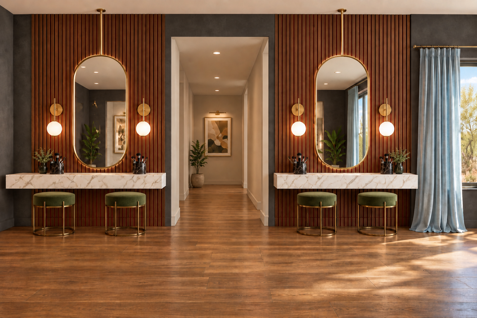 {Getting Ready Station} Getting ready is part of the fun at Firebird. Claim a spot at the shared beauty counter, cue your favorite playlist, and perfect your look beneath oversized brass mirrors before a night out in Old Town.