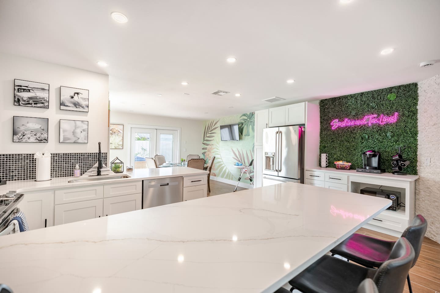 Large countertops, stainless steel appliances,  and a fully stocked coffee bar make this kitchen a great place to cook dinner, then wake up and enjoy breakfast with your family! 