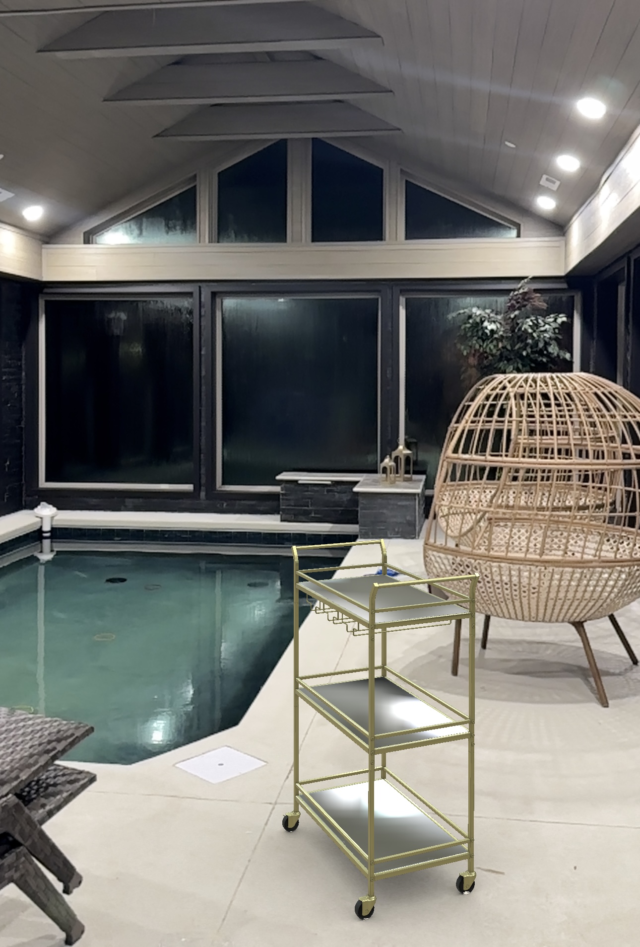 A cozy, glow lit indoor pool retreat made for slow nights and deep relaxation. Warm lighting, calm water, and a sculptural rattan chair create a spa like escape tucked inside the mountains. Perfect for unwinding after a full day outdoors.