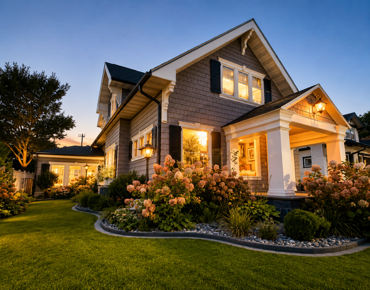 Beautiful curb appeal welcomes you home with lush landscaping, blooming gardens, and a charming covered porch. Thoughtfully maintained grounds and warm exterior lighting create a memorable first impression day or night.
