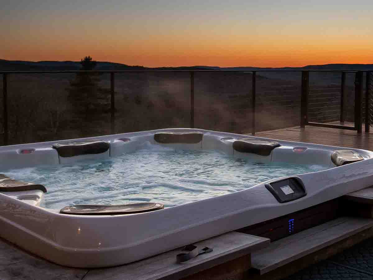 Sunset hot tub at Sunset Falls &mdash; steam rising over Berkshires ridgeline at dusk